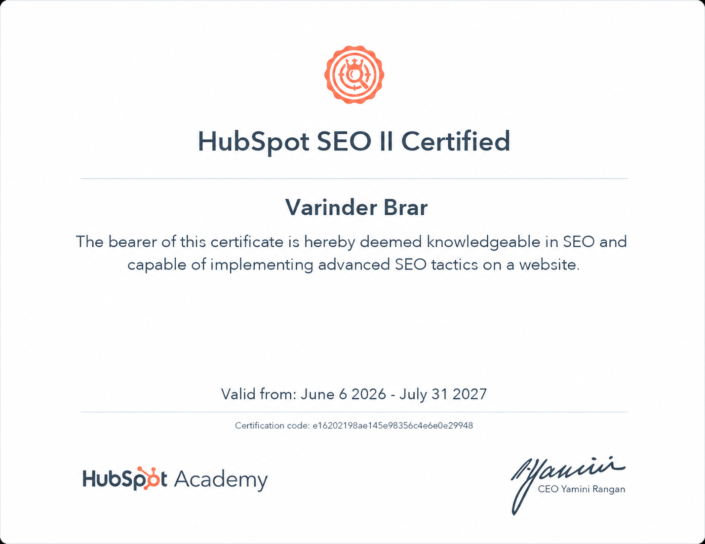 HubSpot SEO II Certified awarded to Varinder Brar