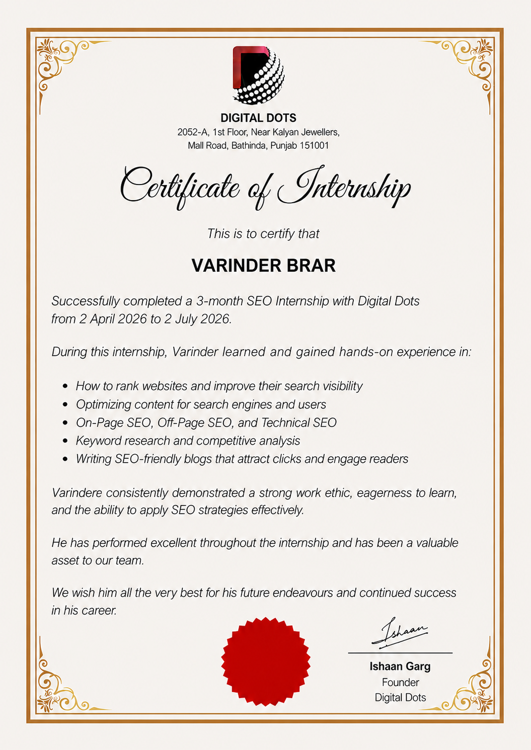 Certificate of SEO Internship awarded to Varinder Brar