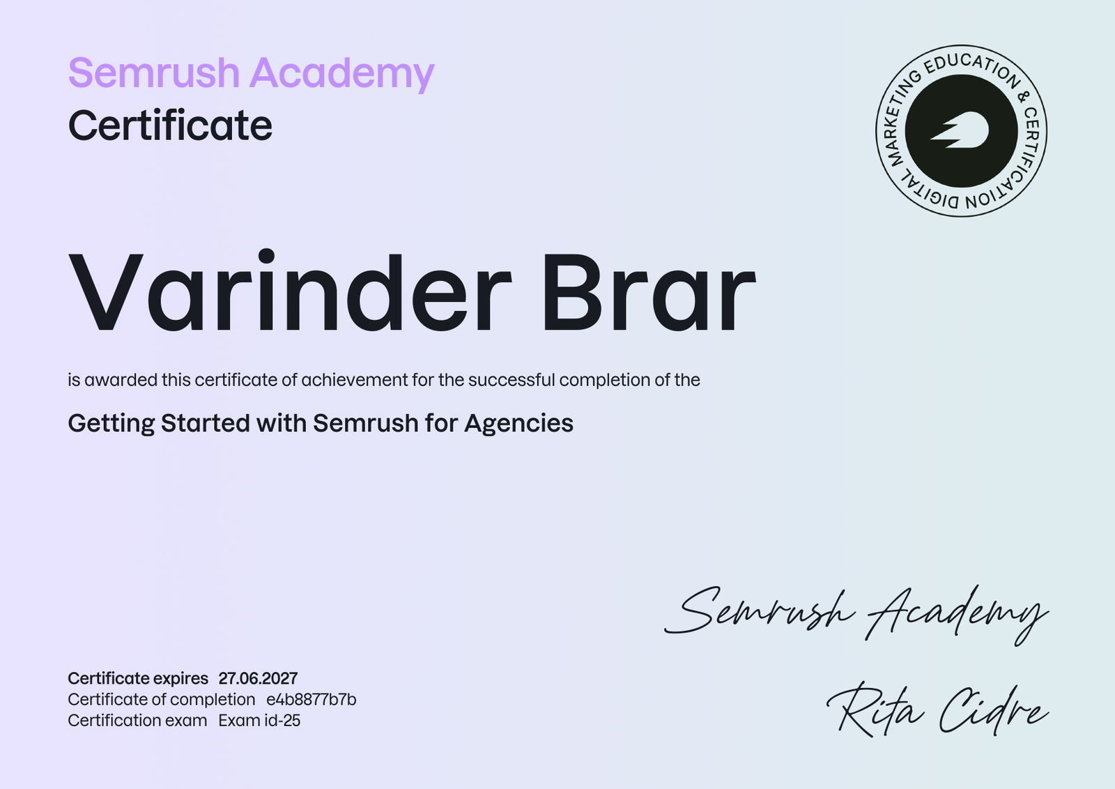 Semrush Academy Certified awarded to Varinder Brar