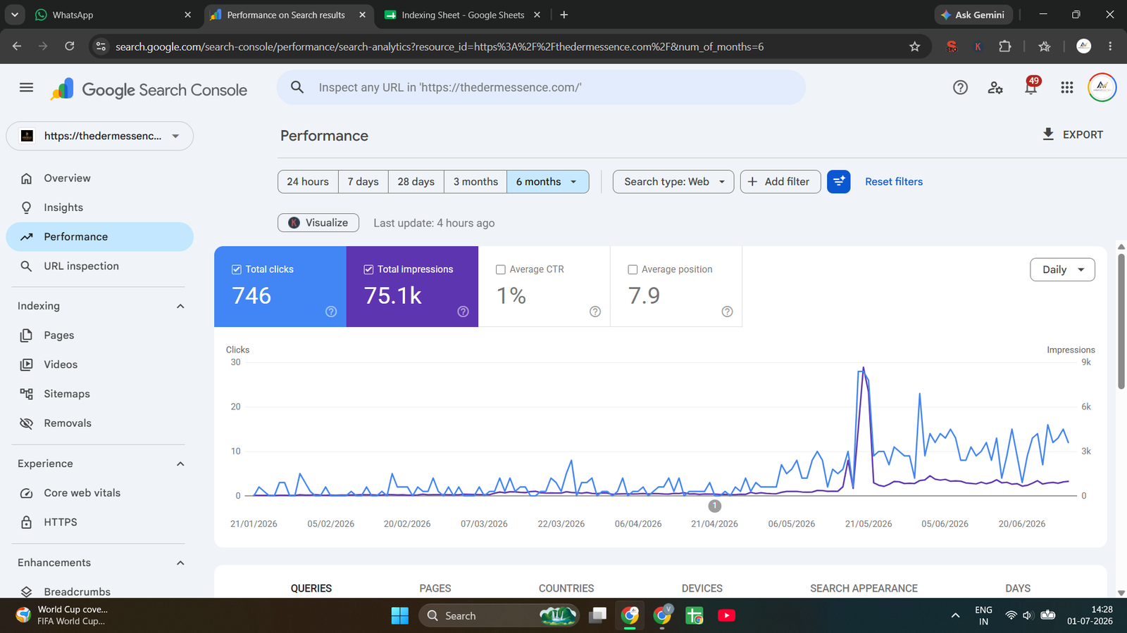 Google Search Console performance dashboard showing real ranking results for Dermessence